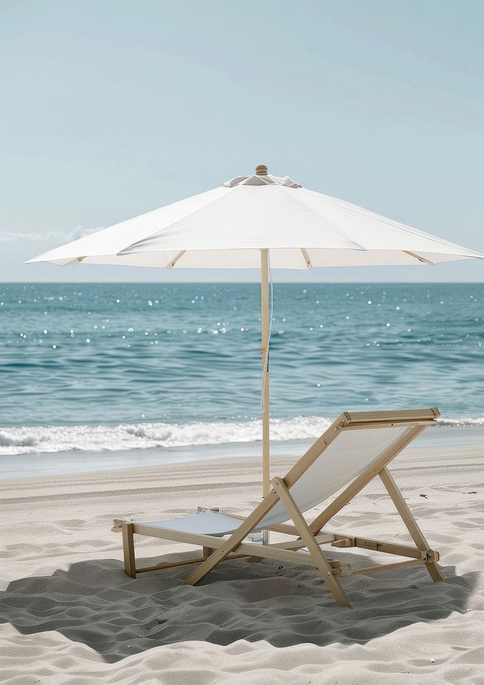 Beach umbrellra mockup outdoors chair ocean.