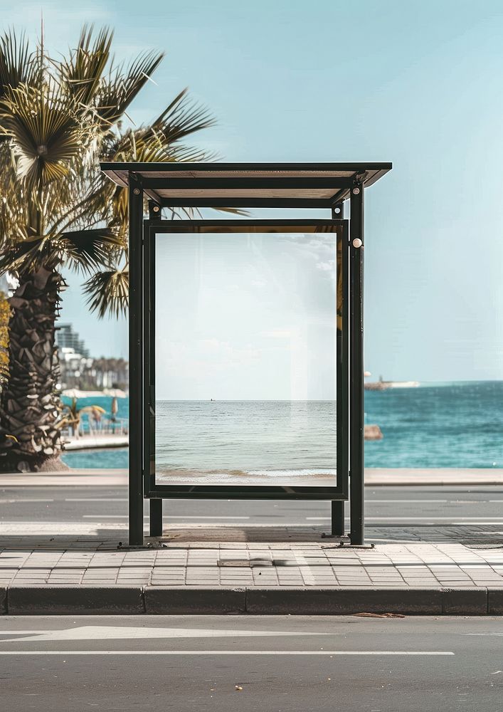 Billboard stand mockup outdoors furniture bus stop.