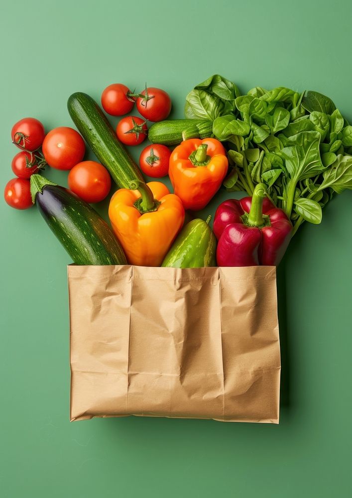 Paper bag mockup vegetable food accessories.