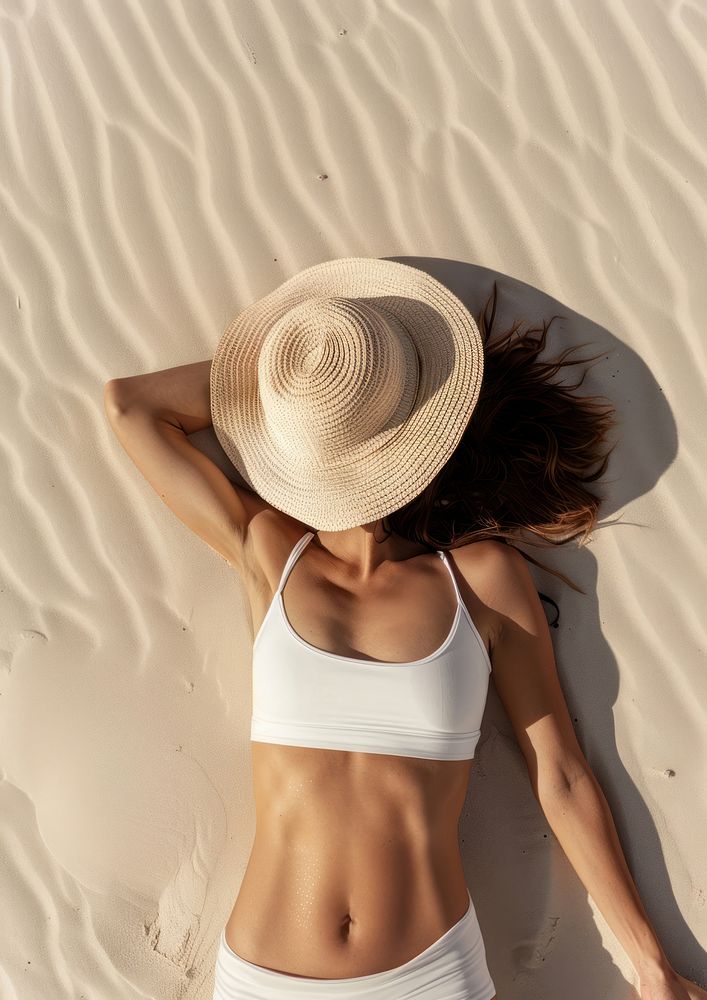 Sport spandex tank top mockup sunbathing woman hat.