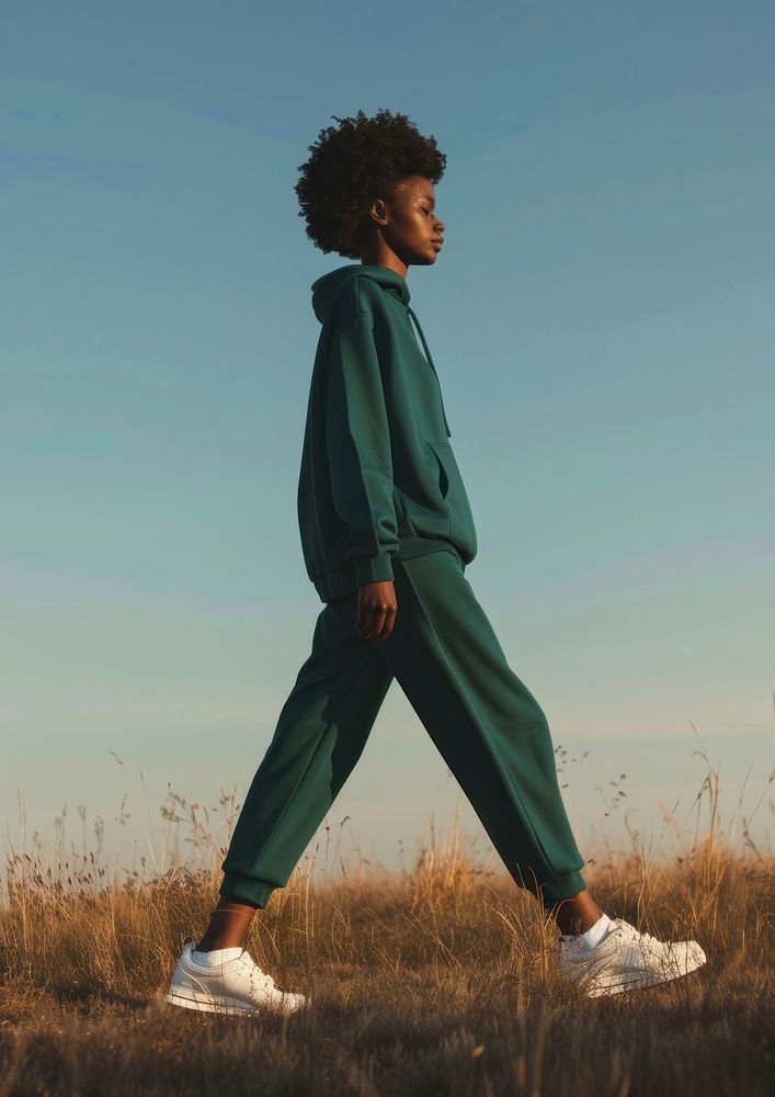 Blank deep green fashion sportwear mockup walking apparel clothing.