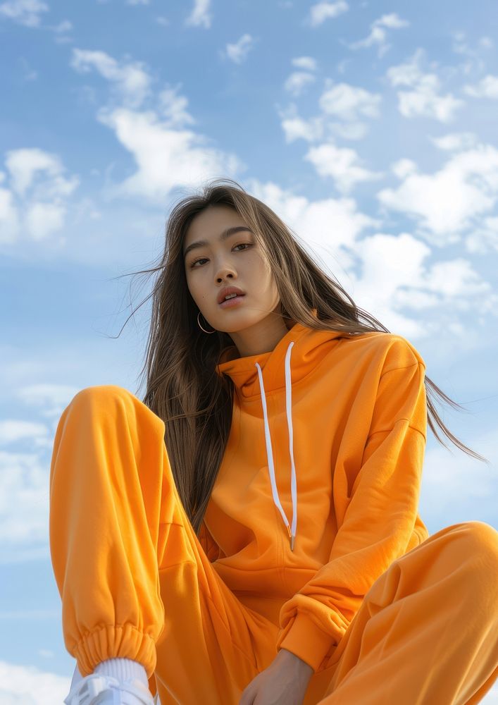 Blank orange fashion sportwear mockup sitting apparel sweatshirt.