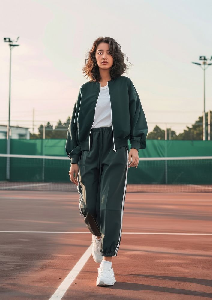 Blank deep green fashion sportwear mockup apparel pedestrian standing.