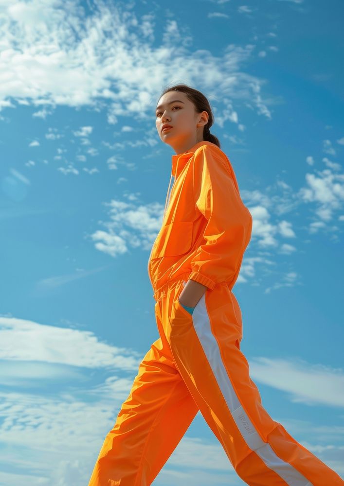 Blank orange fashion sportwear mockup walking person human.