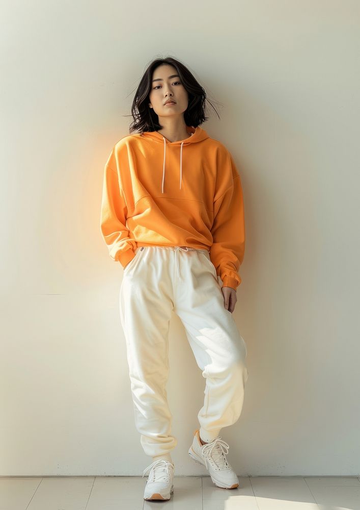 Blank orange fashion sportwear mockup apparel sweatshirt clothing.