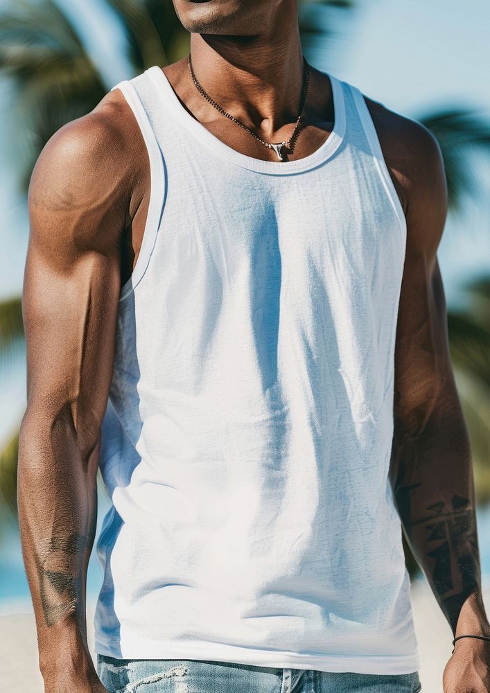 Man wearing blank white tank top accessories accessory clothing.