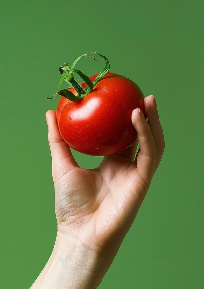 Hand holding a tomato vegetable produce person.