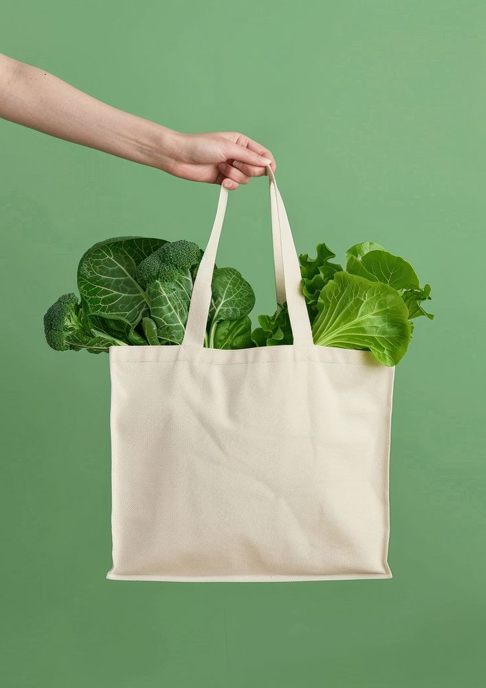 Paper tote bag mockup vegetable food accessories.