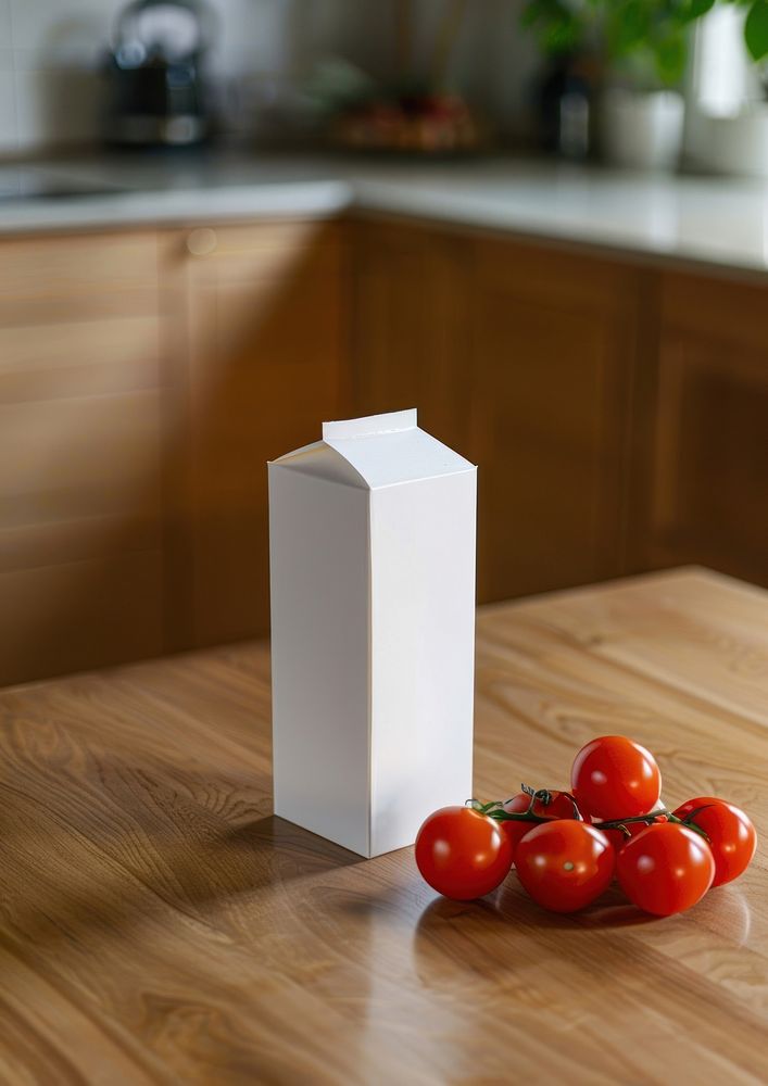 Juice carton packaging mockup vegetable kitchen tomato.