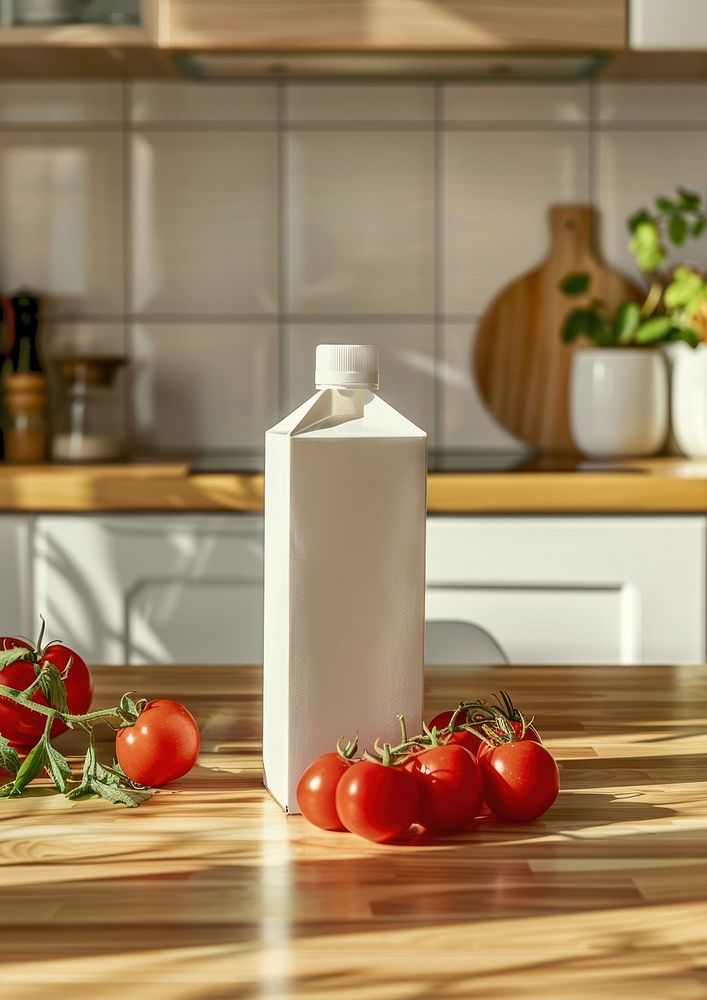 Juice carton packaging mockup vegetable tomato food.