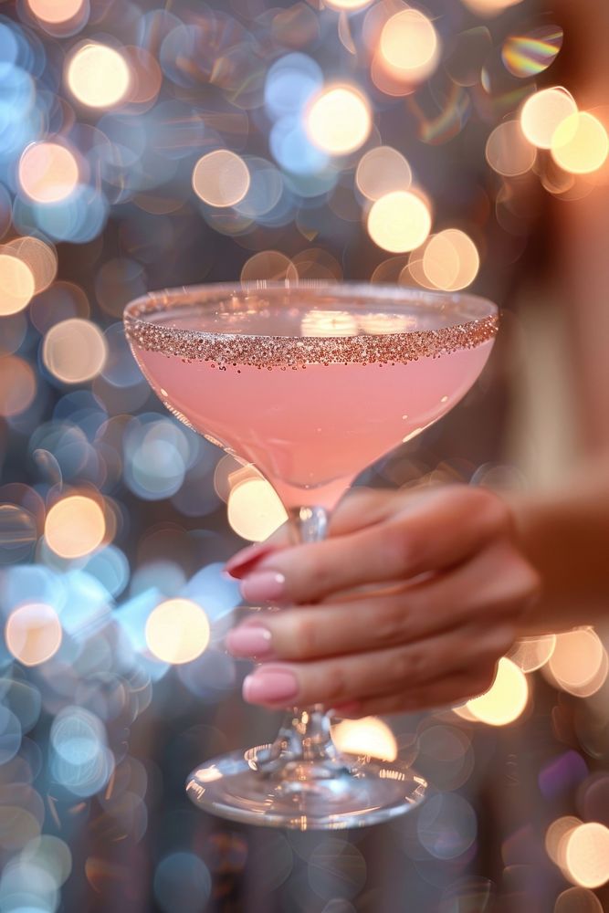 A pink cocktail glass medication beverage.