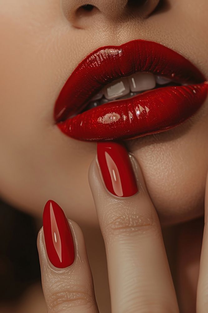 Red nails with the lips cosmetics lipstick person.