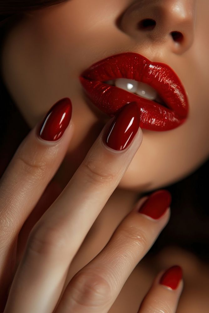 Red nails with the lips cosmetics lipstick finger.