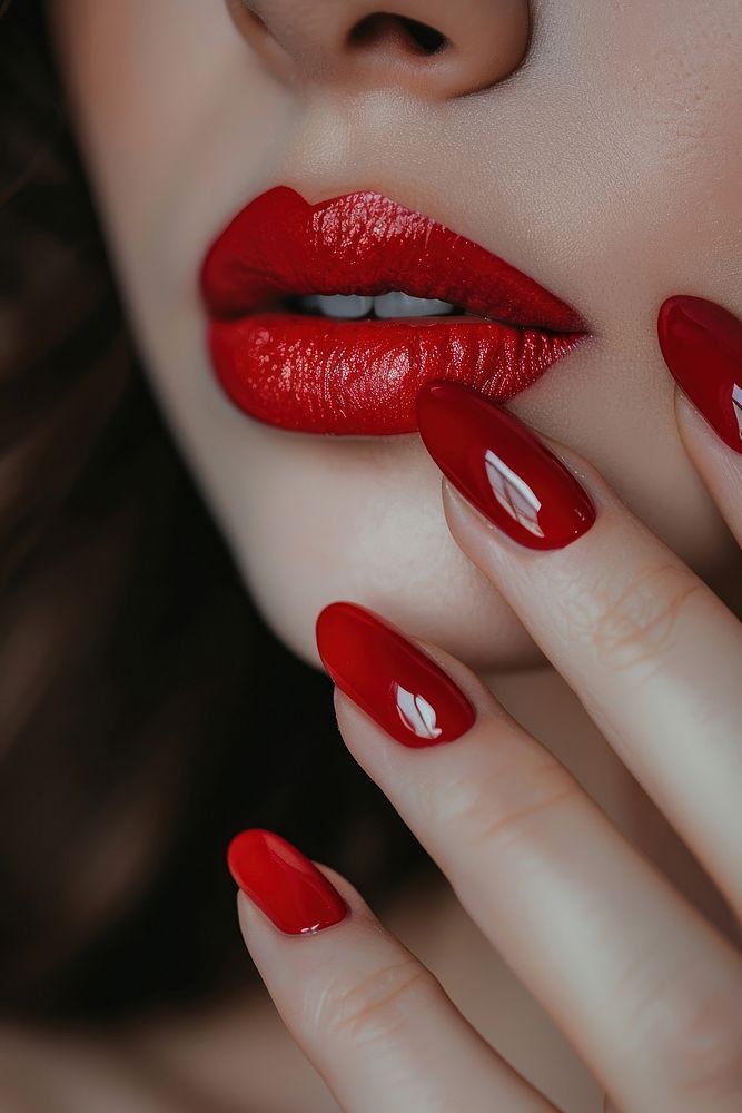 Red nails with the lips medication cosmetics lipstick.
