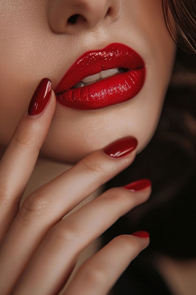 Red nails with the lips cosmetics lipstick person.