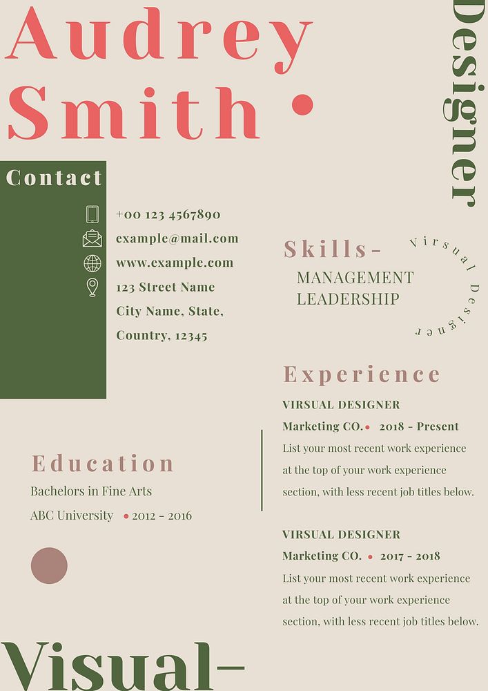 Feminine CV  template resume for entry level and professionals