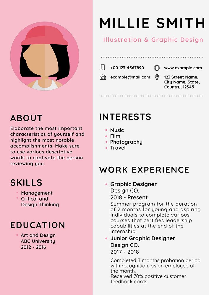 Feminine CV  template resume for entry level and professionals