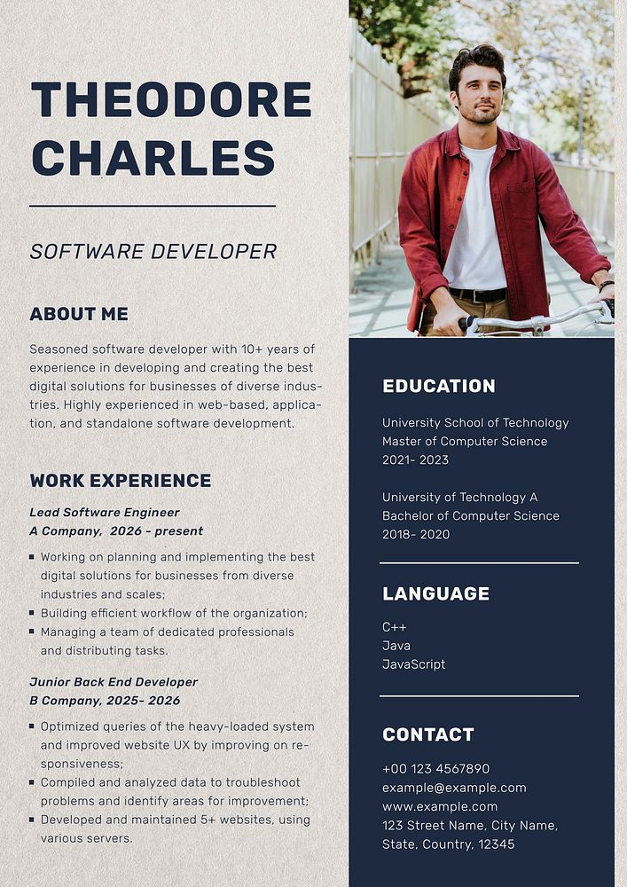 Dark blue professional resume template
