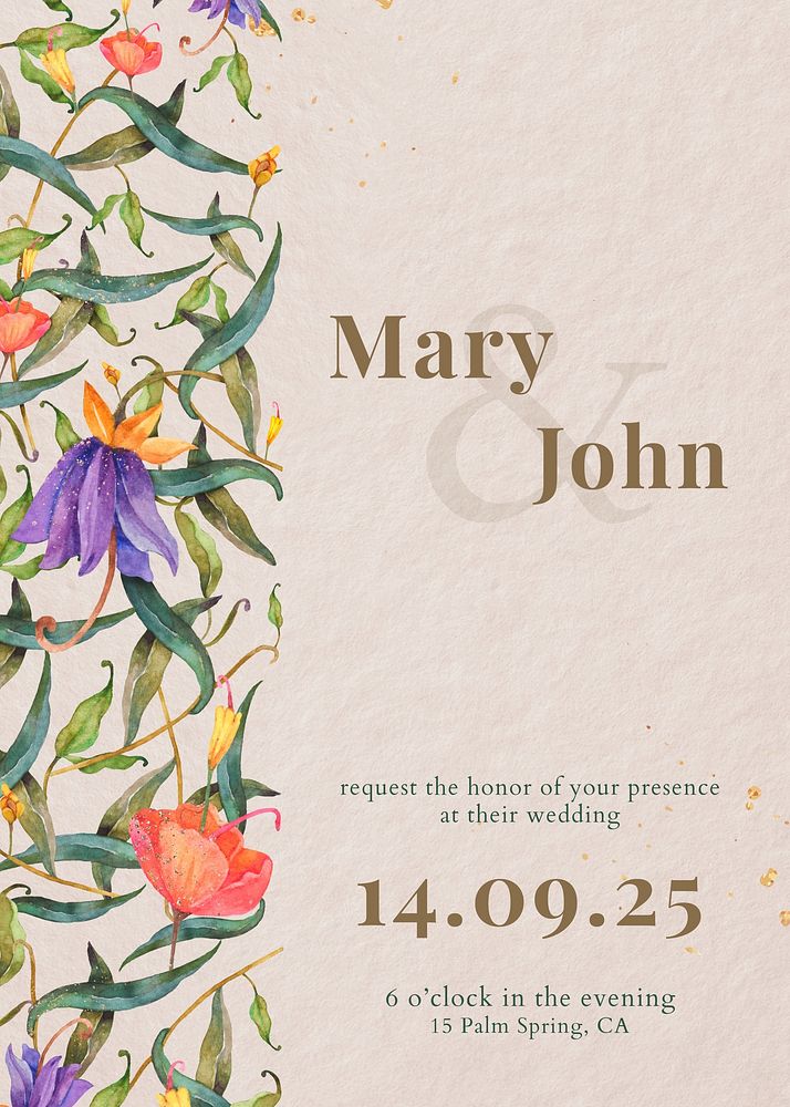 Watercolor wedding invitation template, flower illustration