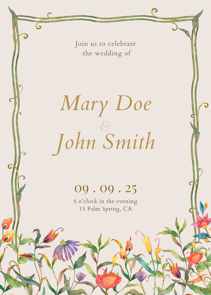 Watercolor wedding invitation template, flower illustration