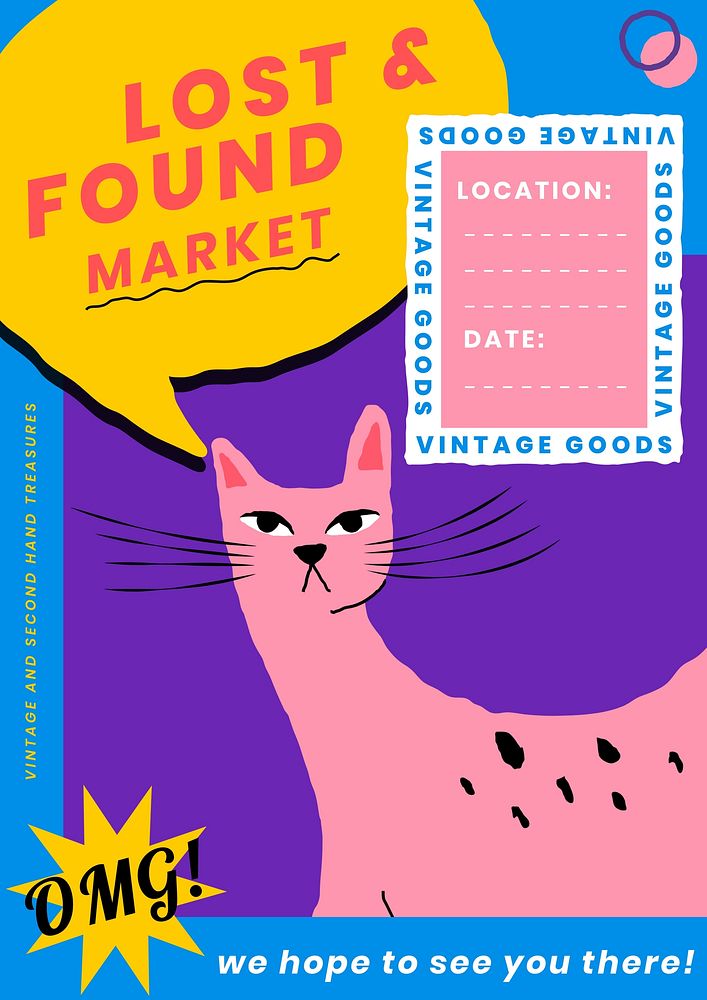 Lost & found market  poster template cat illustration