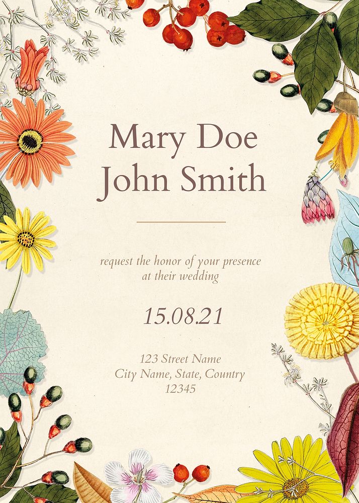Summer wedding invitation card template and floral design