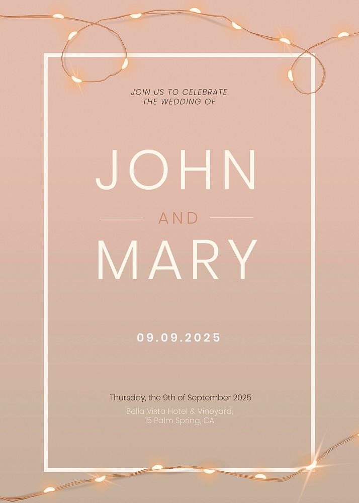 Wedding invitation card template, editable fairy lights design
