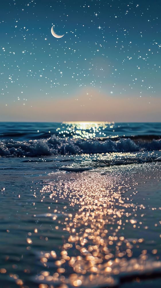 Sea with glittering stars water beach moon.