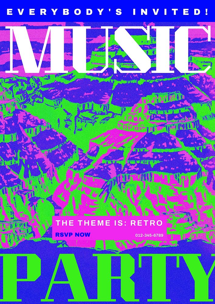 Music party poster template, retro psychedelic design