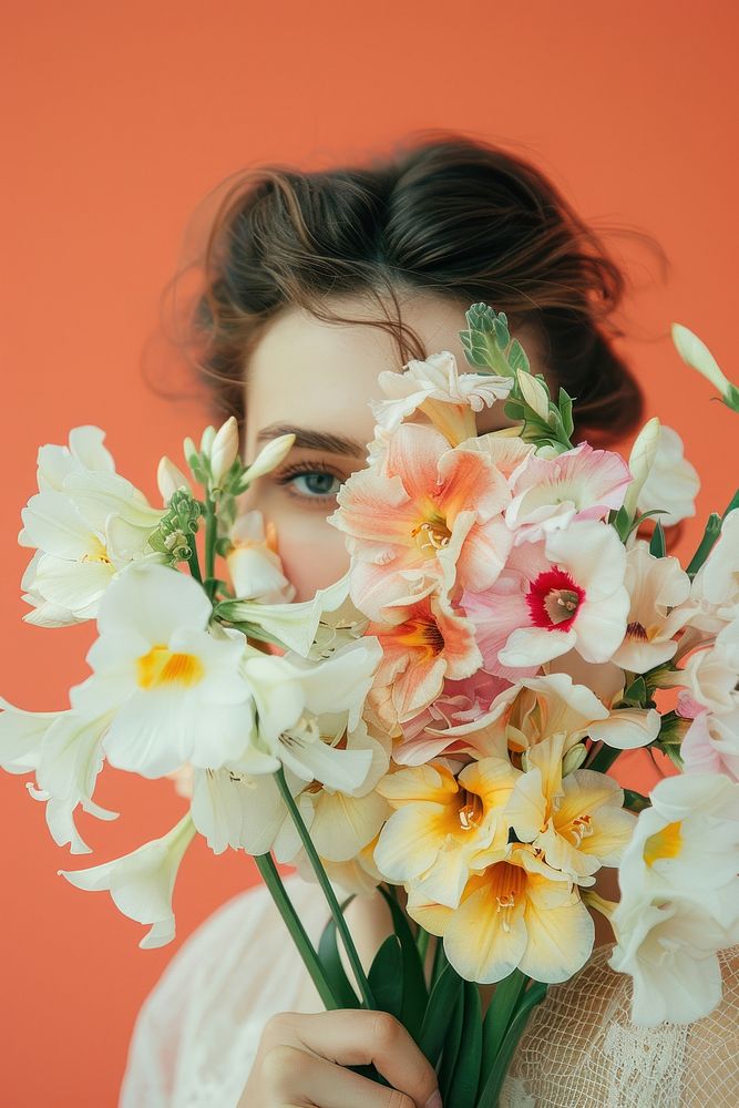 Woman with beautiful bouquet of freesia flowers photo woman photography.