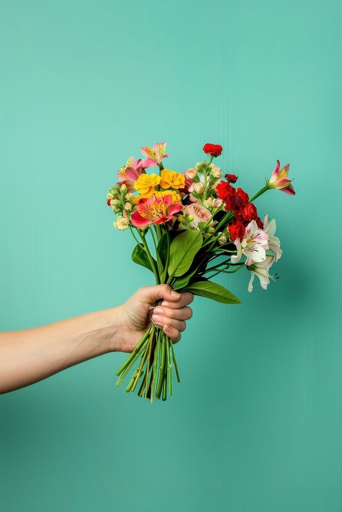Person holding flower bouquet graphics blossom pattern.