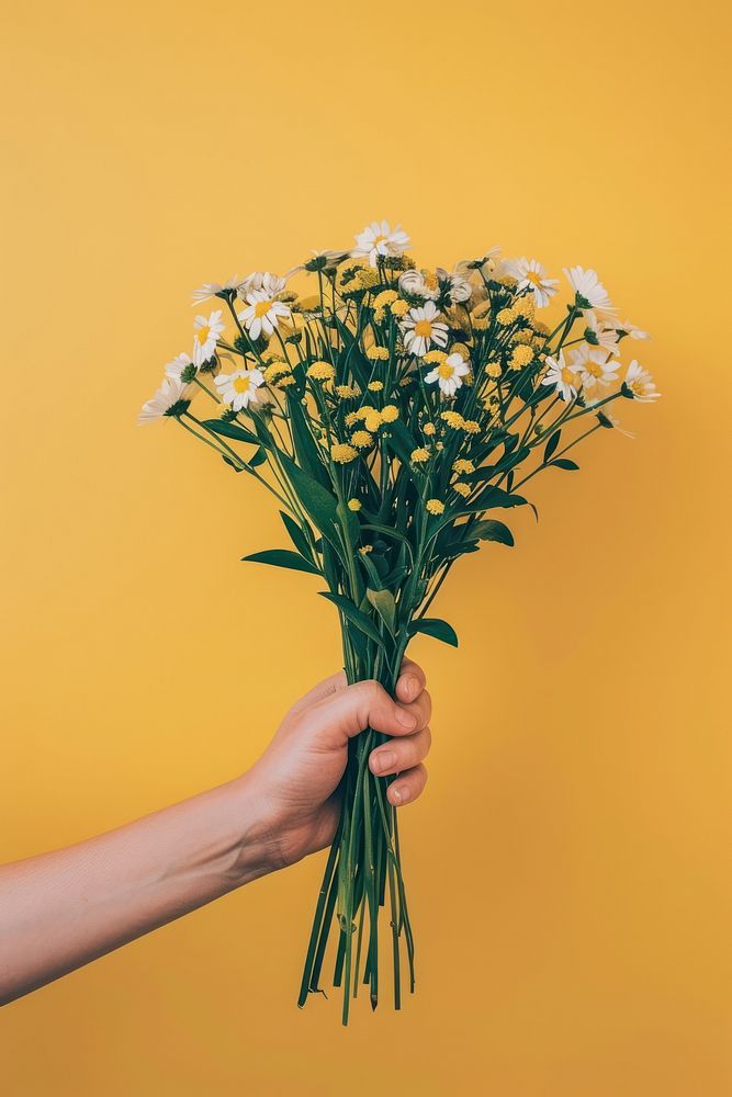 Person holding flower bouquet asteraceae blossom indoors.
