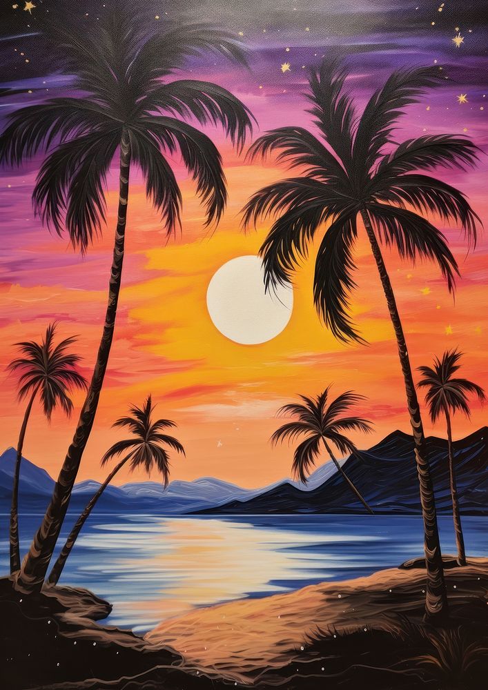 Sunset on the beach painting tree sky.