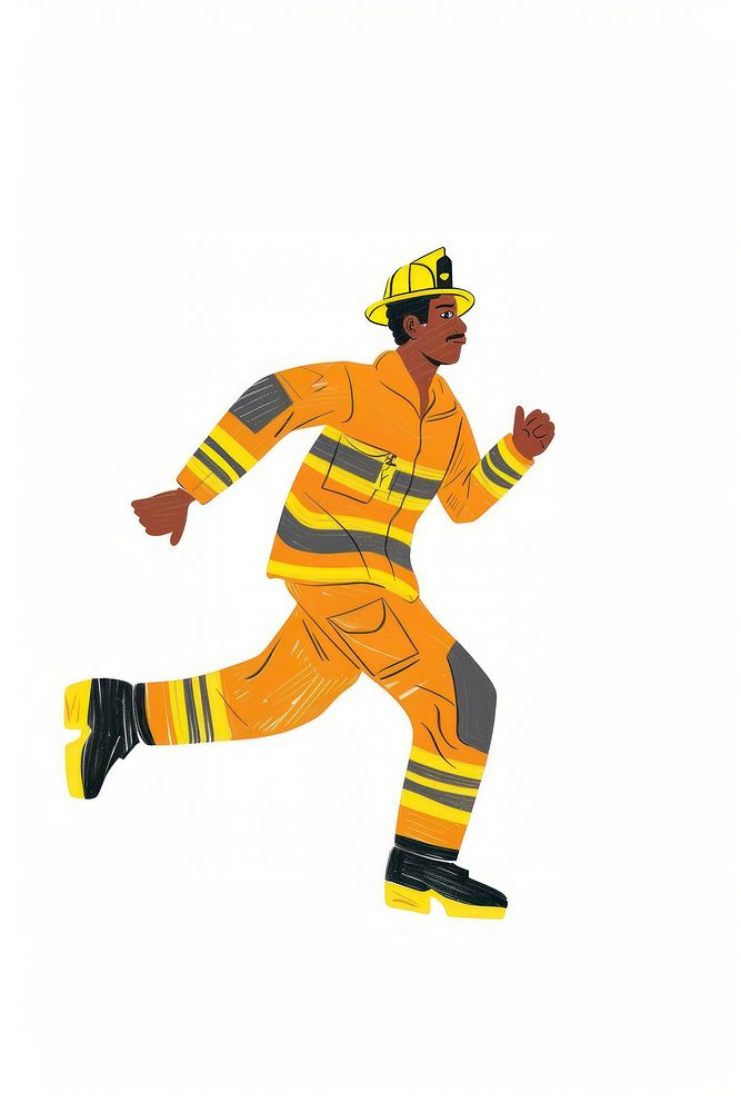 Cute African American fireman running illustration clothing apparel hardhat.