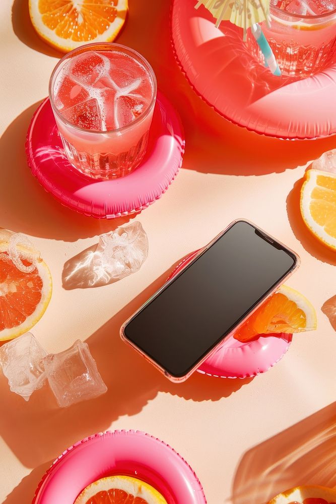 Smartphone on swim ring electronics grapefruit produce.