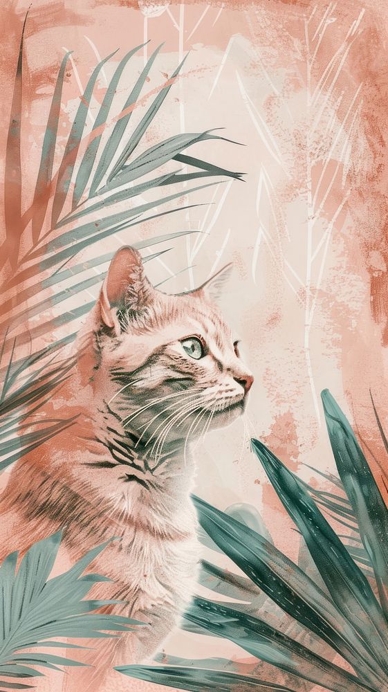 Vintage drawing wallpaper cat sketch illustrated painting.