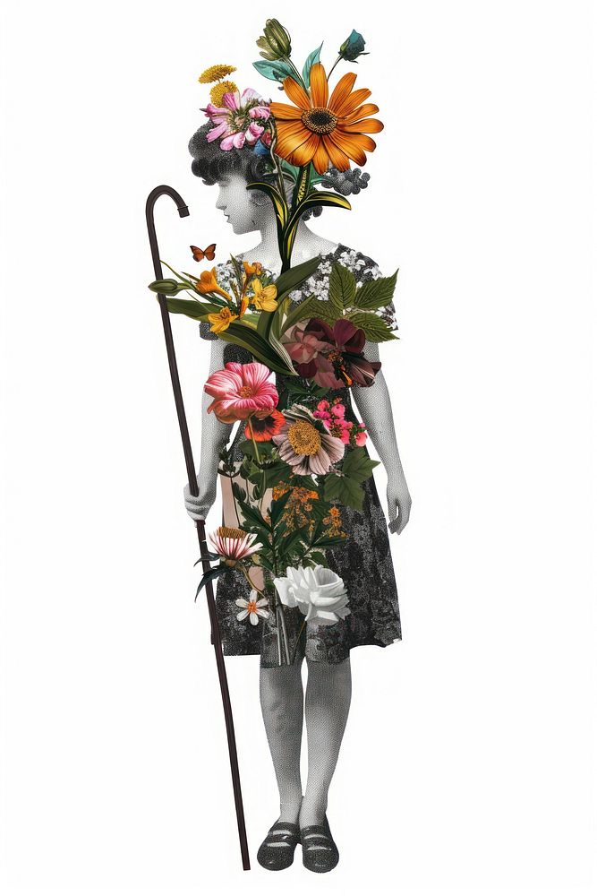 Flower Collage woman with cane pattern flower graphics.