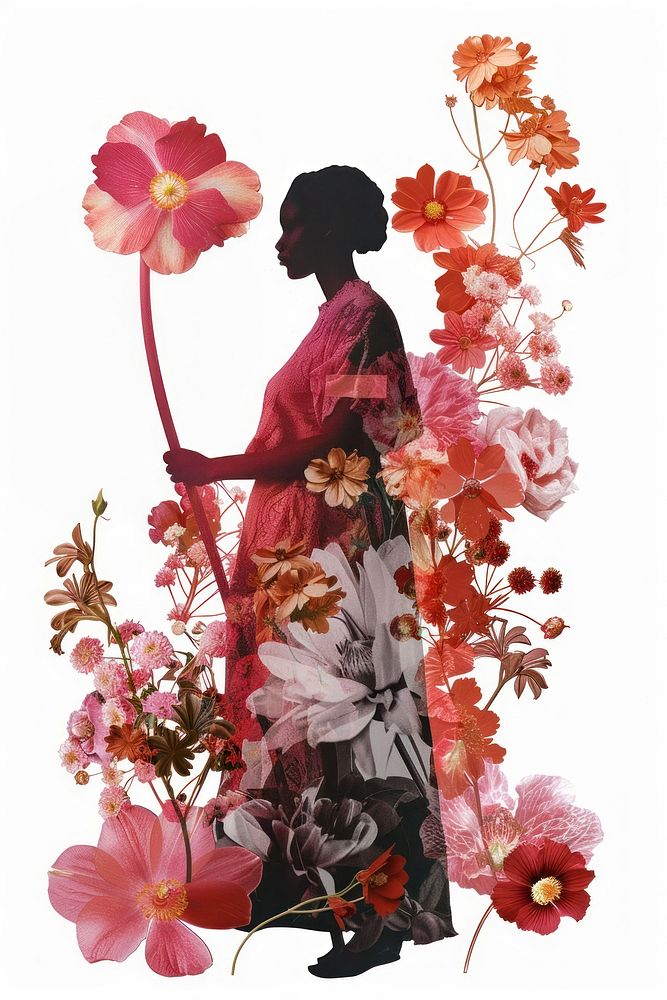 Flower Collage woman with cane pattern flower clothing.