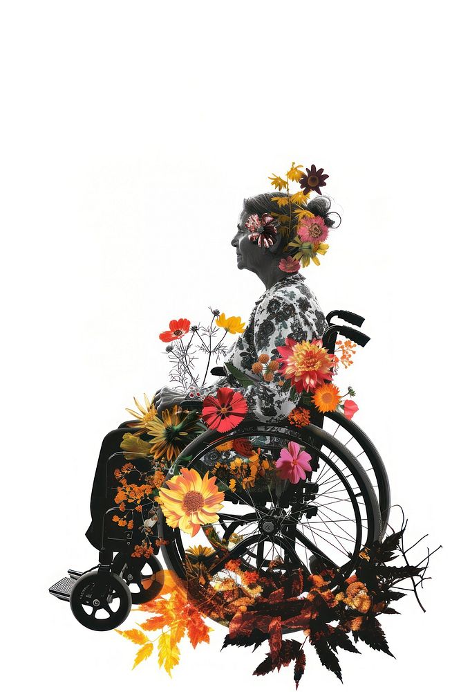 Flower Collage disabled woman wheelchair flower transportation.