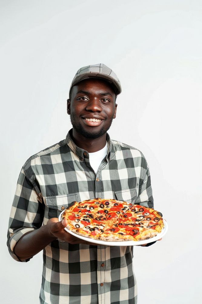 Deliveryman holding pizza person human adult.