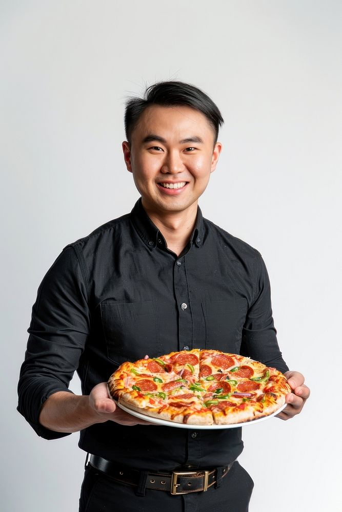 Man holding pizza person adult human.
