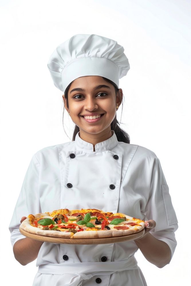 Girl chef holding pizza person female human.