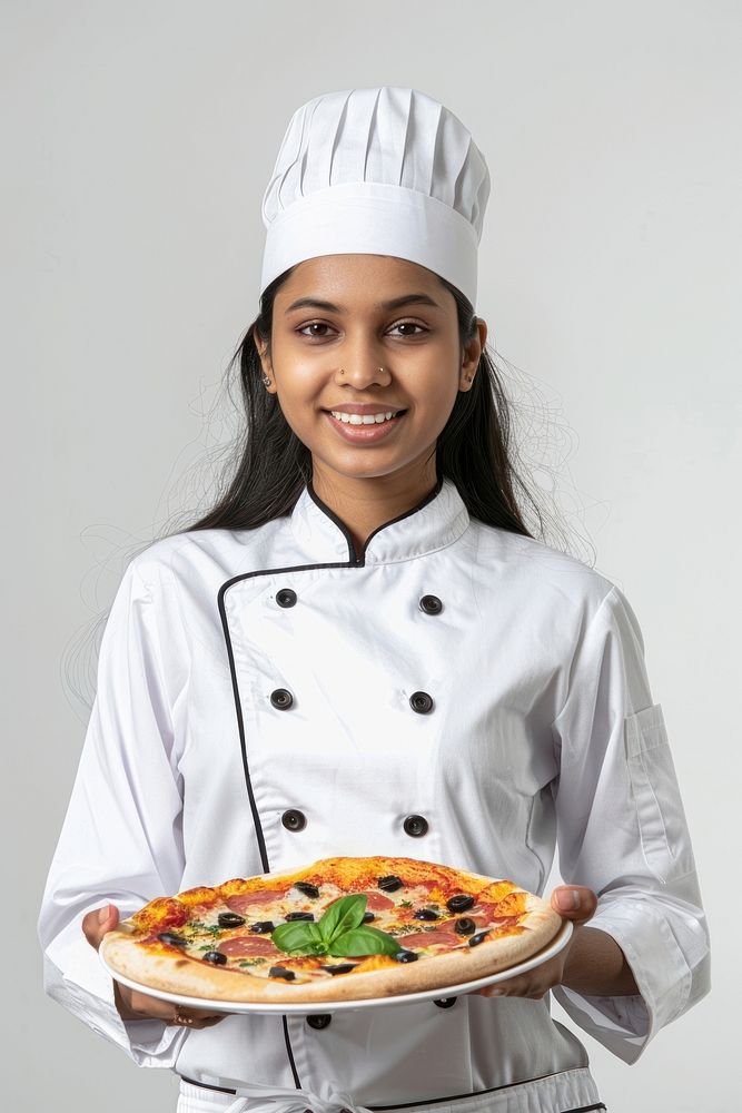 Girl chef holding pizza person human food.