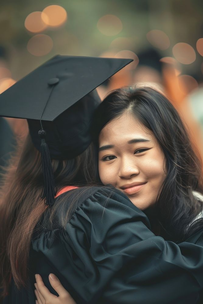 A Daughter Wearing Graduation Gown And Graduation Cap Hug Her Mother ...