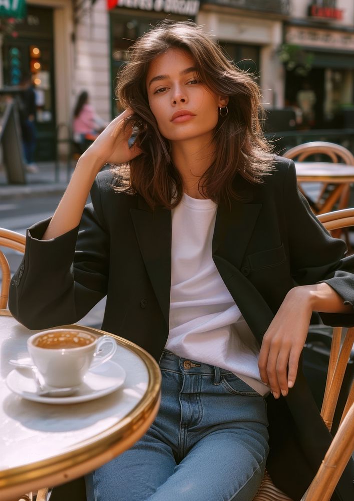 French woman sitting coffee drink.