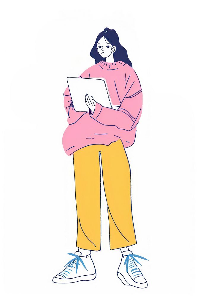 Woman with laptop person illustrated clothing.