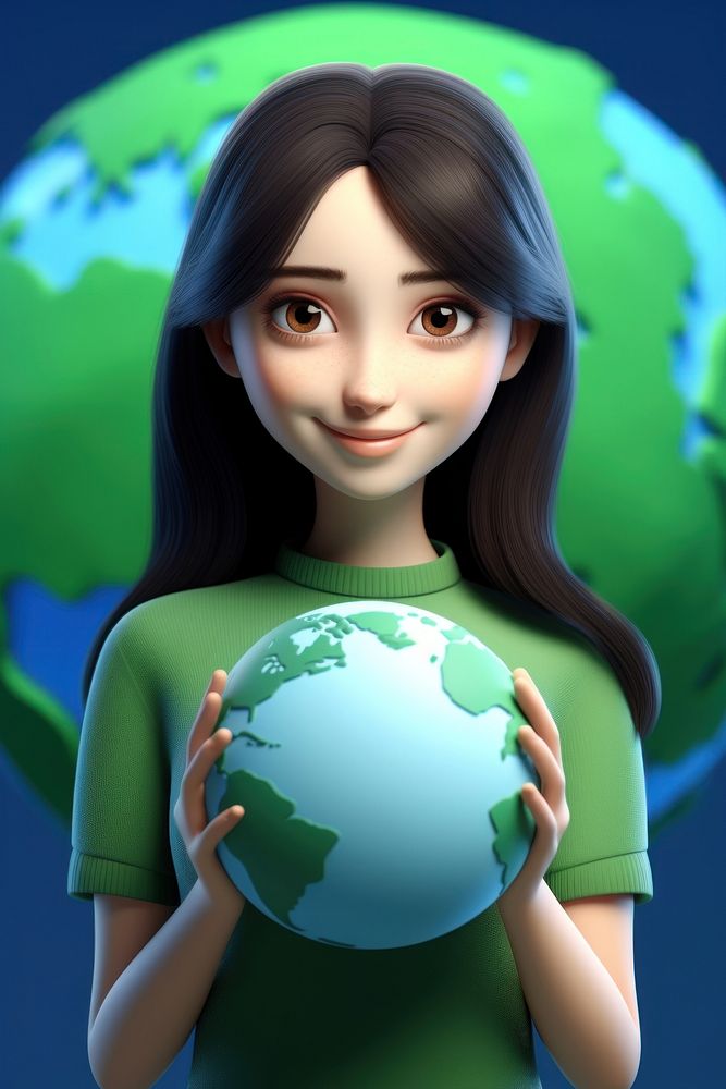 Asian woman hugging a blue-green earth astronomy universe balloon.