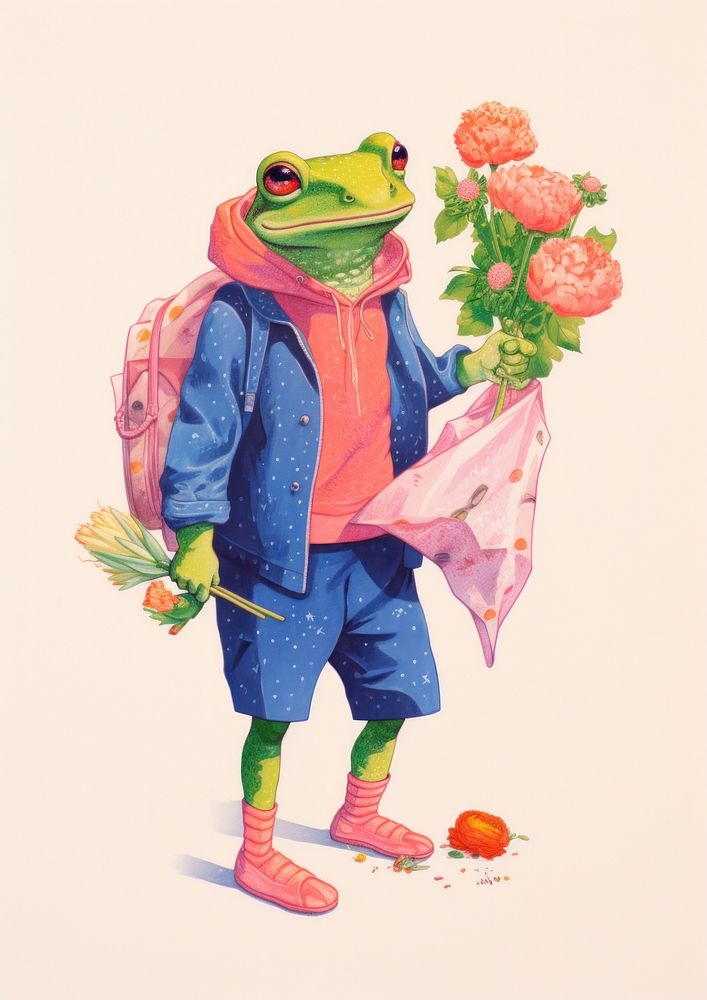 A cartoon Frog holding a bunch of flowers frog amphibian clothing.