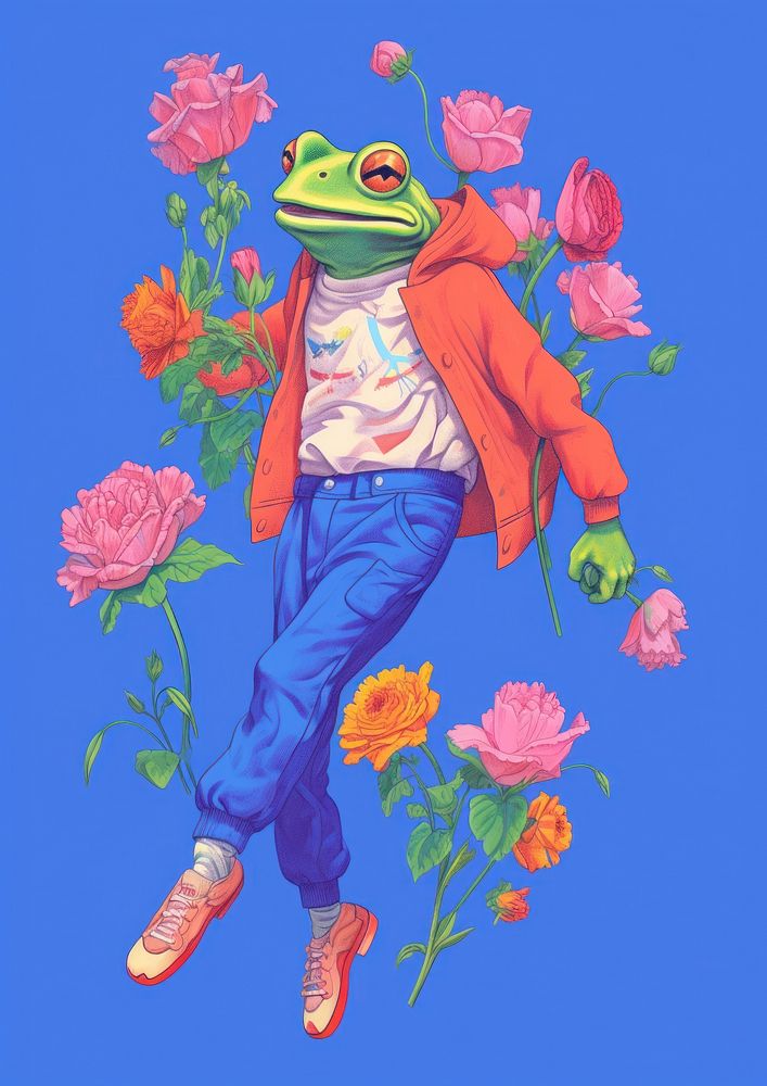 A cartoon Frog holding a bunch of flowers frog amphibian graphics.