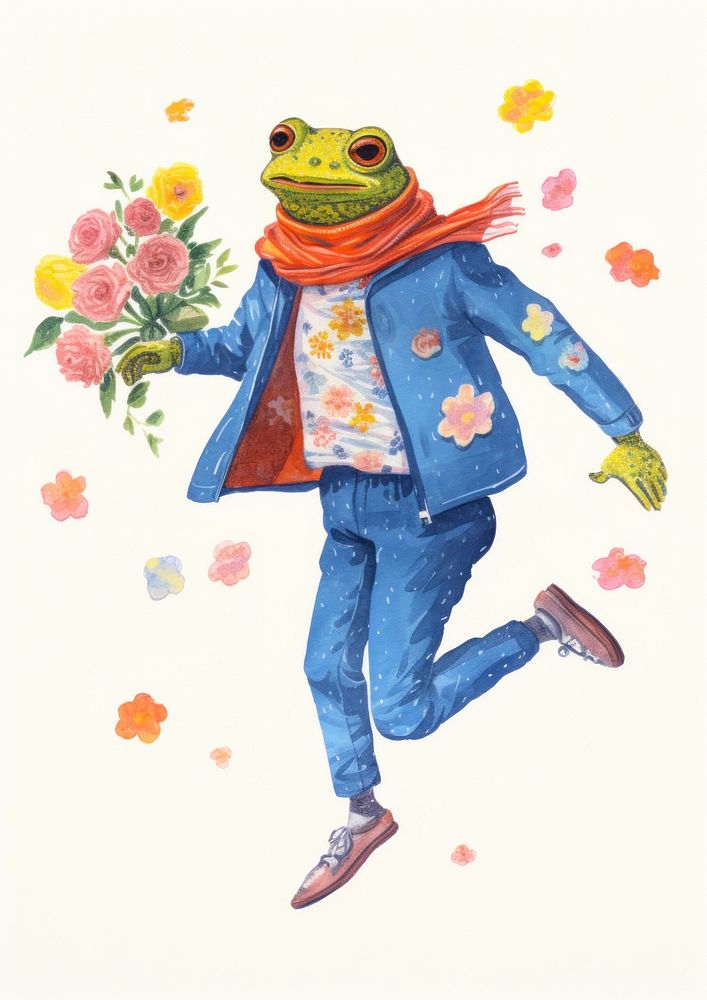 A cartoon Frog holding a bunch of flowers illustrated clothing painting.